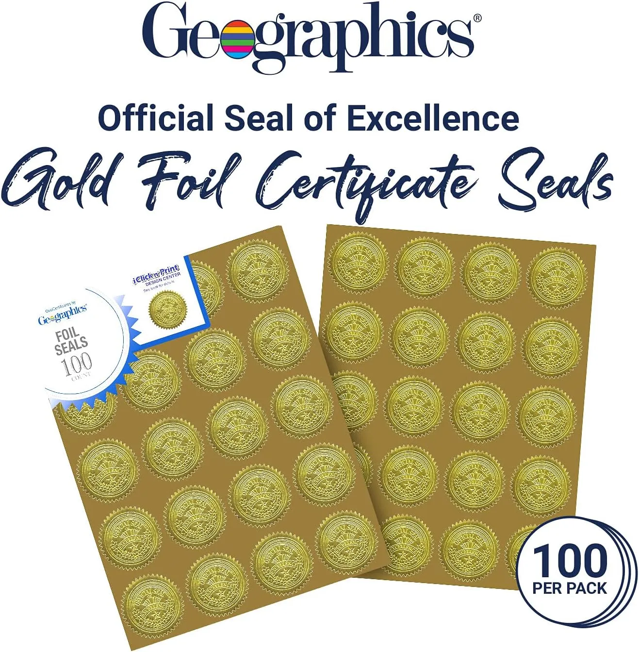 Gold Foil Award Certificate Seals, Embossed Official Seal of Excellence, 2 inch (Set of 100)