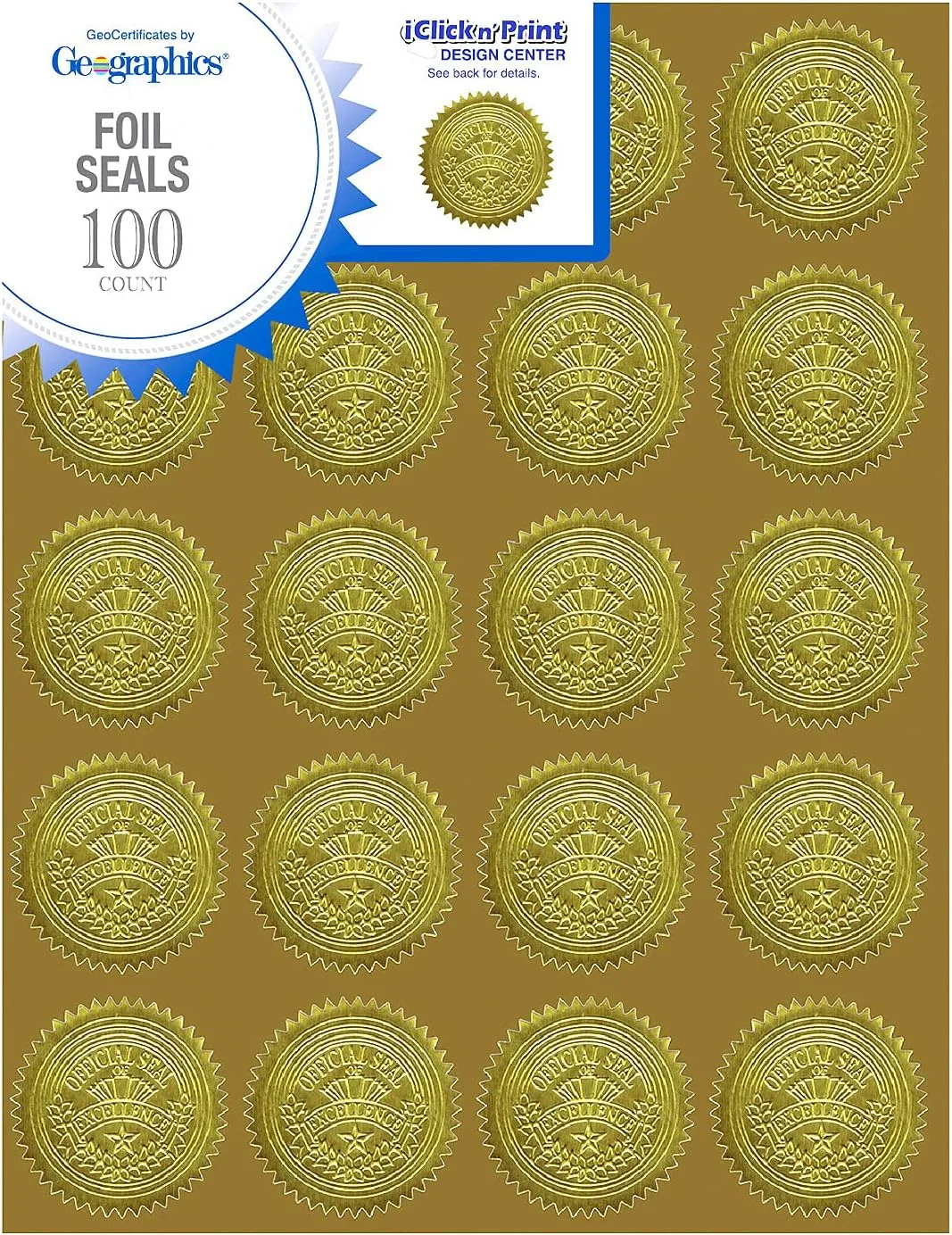 Gold Foil Award Certificate Seals, Embossed Official Seal of Excellence, 2 inch (Set of 100)