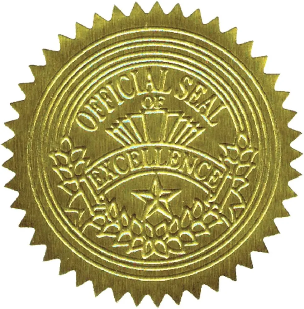 Gold Foil Award Certificate Seals, Embossed Official Seal of Excellence, 2 inch (Set of 100)