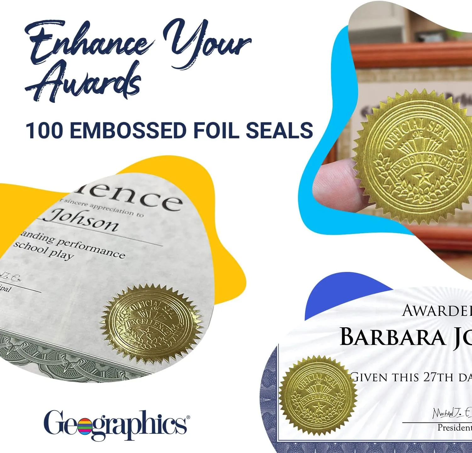 Gold Foil Award Certificate Seals, Embossed Official Seal of Excellence, 2 inch (Set of 100)