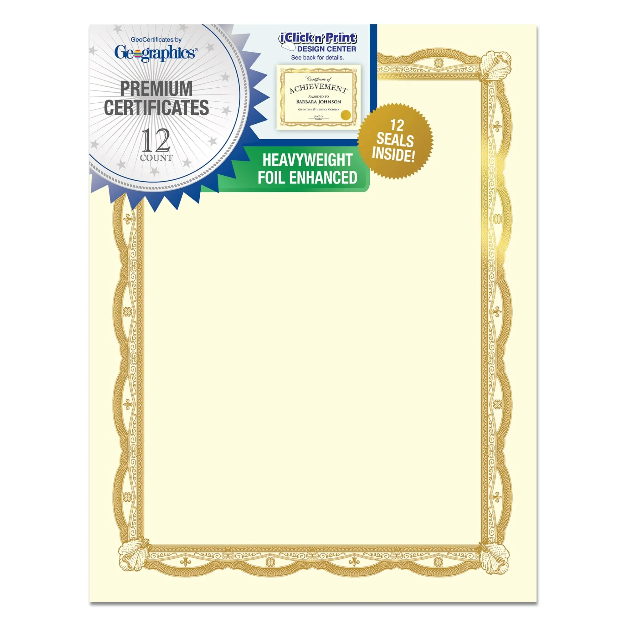 Geographics Heavyweight Certificates, 8-1/2" x 11", Gold Foil, Pack Of 12
