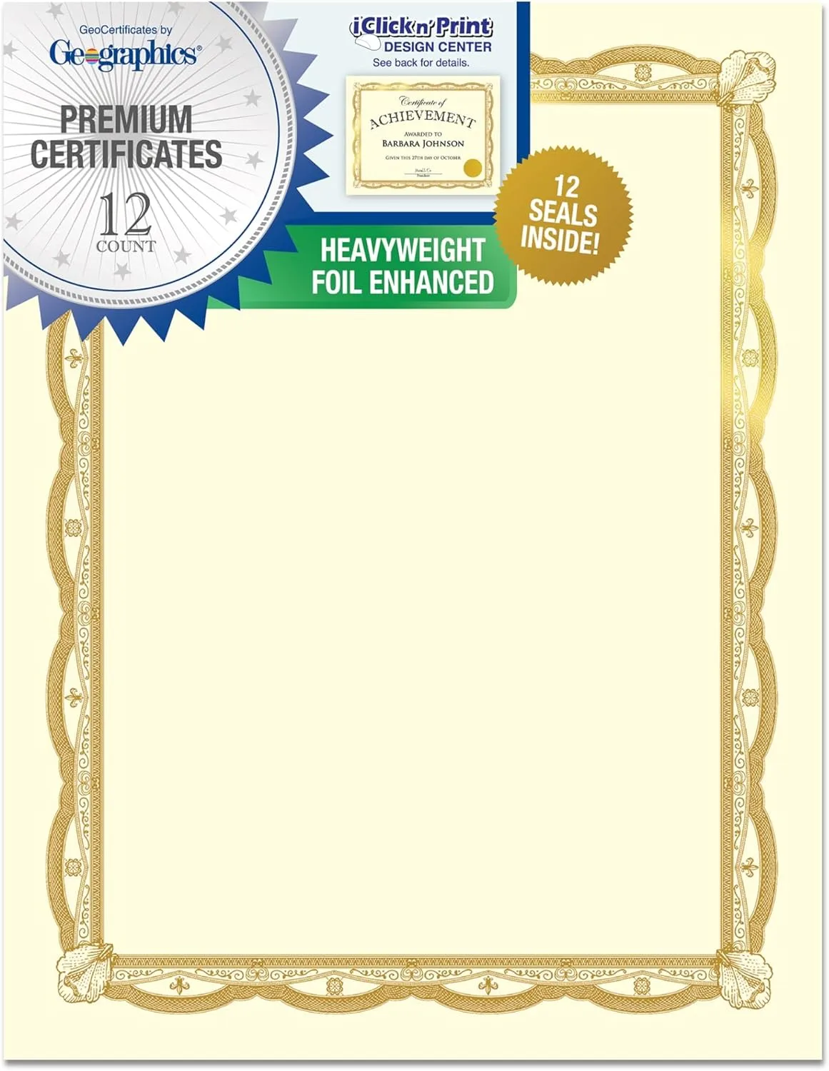Geographics Heavyweight Certificates, 8-1/2" x 11", Gold Foil, Pack Of 12