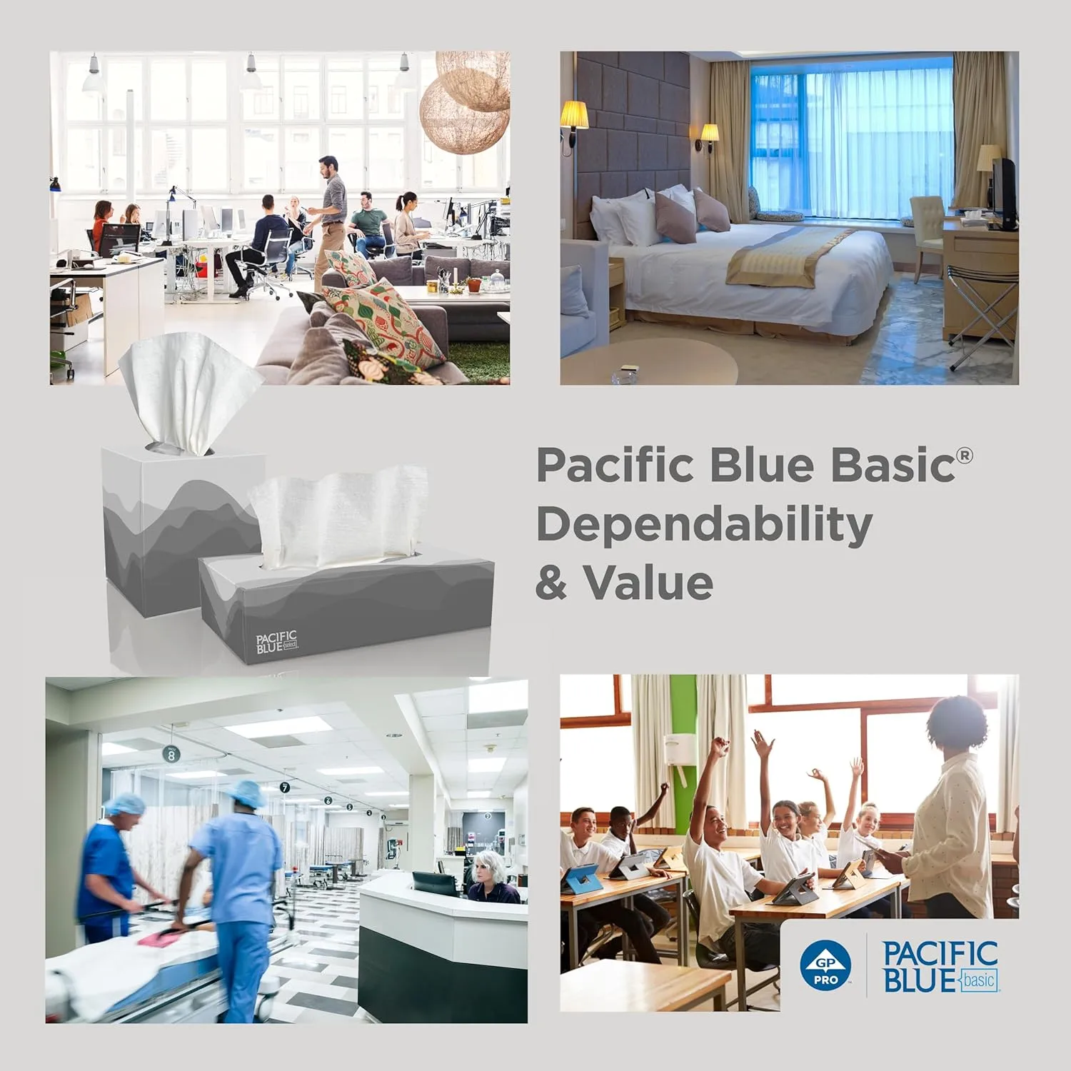 Georgia-Pacific Pacific Blue Basic 2-Ply Facial Tissue (47410), 100 Sheets Per Box, 30 Flat Boxes Per Bulk Case