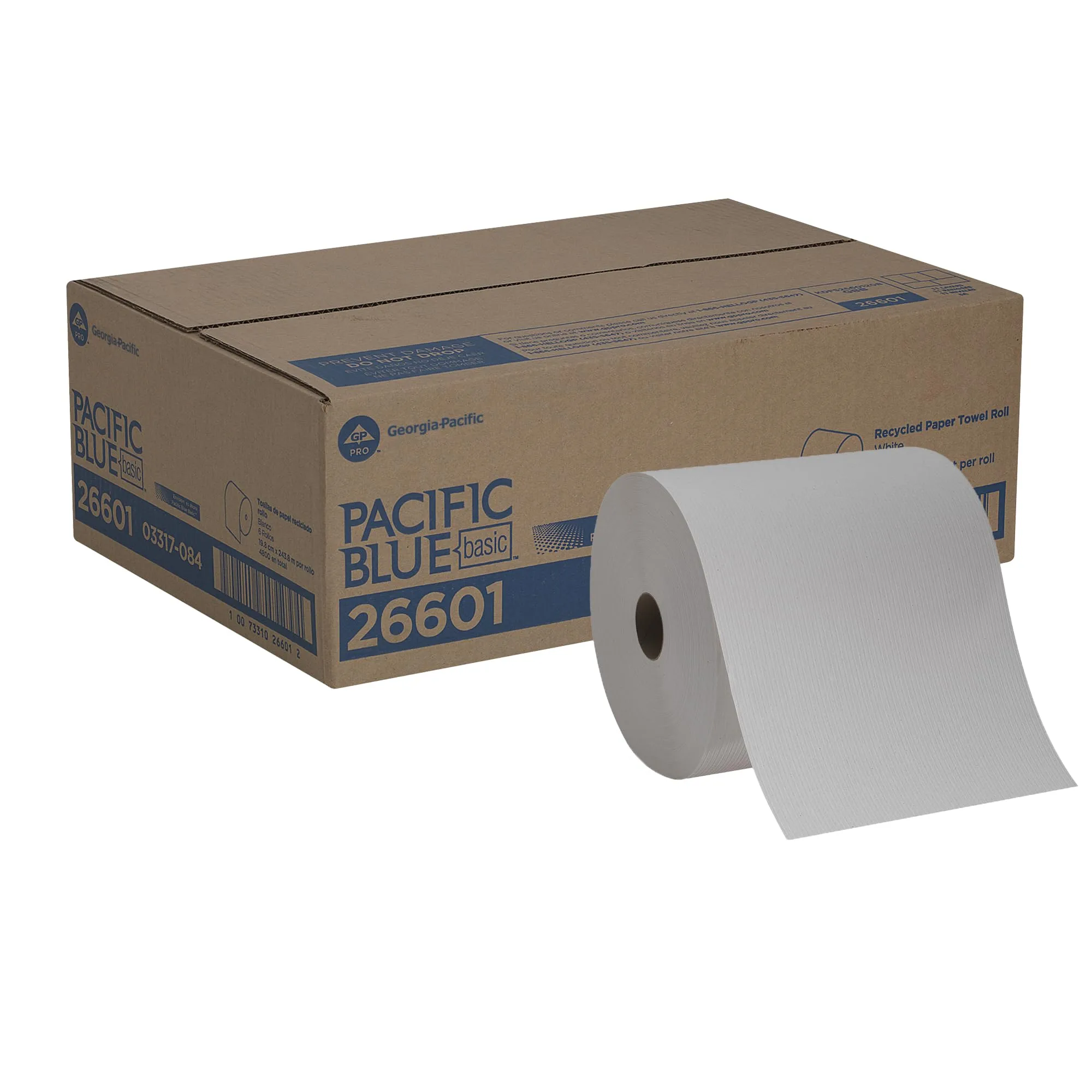 Georgia-Pacific Pacific Blue Basic Recycled Paper Towel Rolls, 26601, 800 ft, 6 Rolls/Case