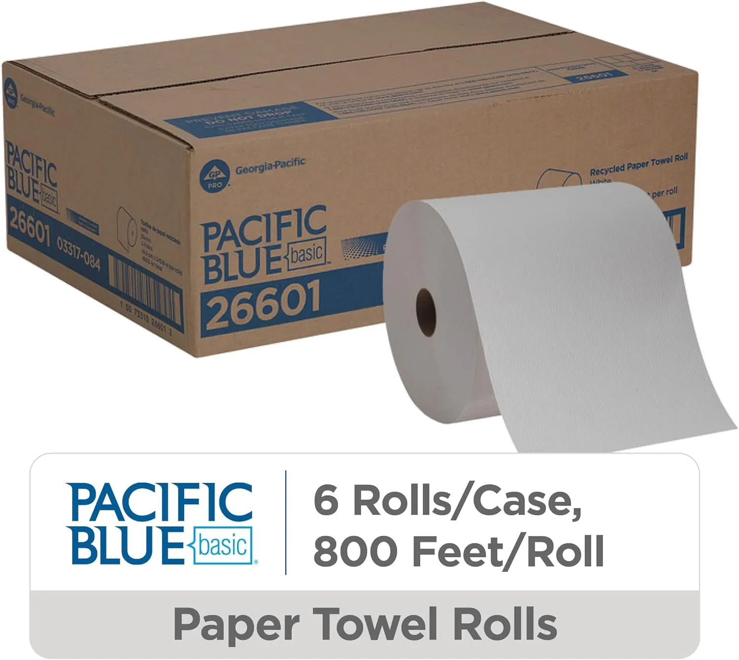Georgia-Pacific Pacific Blue Basic Recycled Paper Towel Rolls, 26601, 800 ft, 6 Rolls/Case
