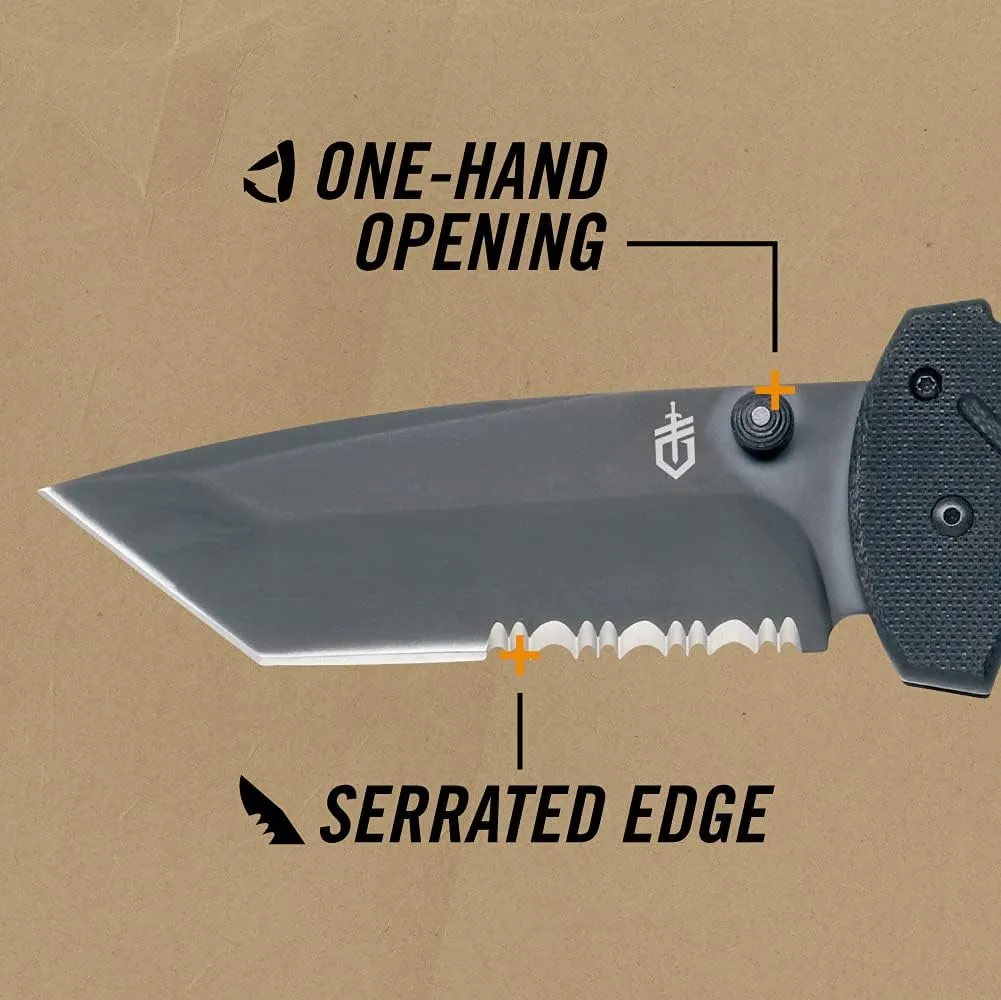 Gerber Gear 06 FAST Pocket Knife - Serrated Edge Tanto Folding Knife with Quick One-Hand Opening - Black