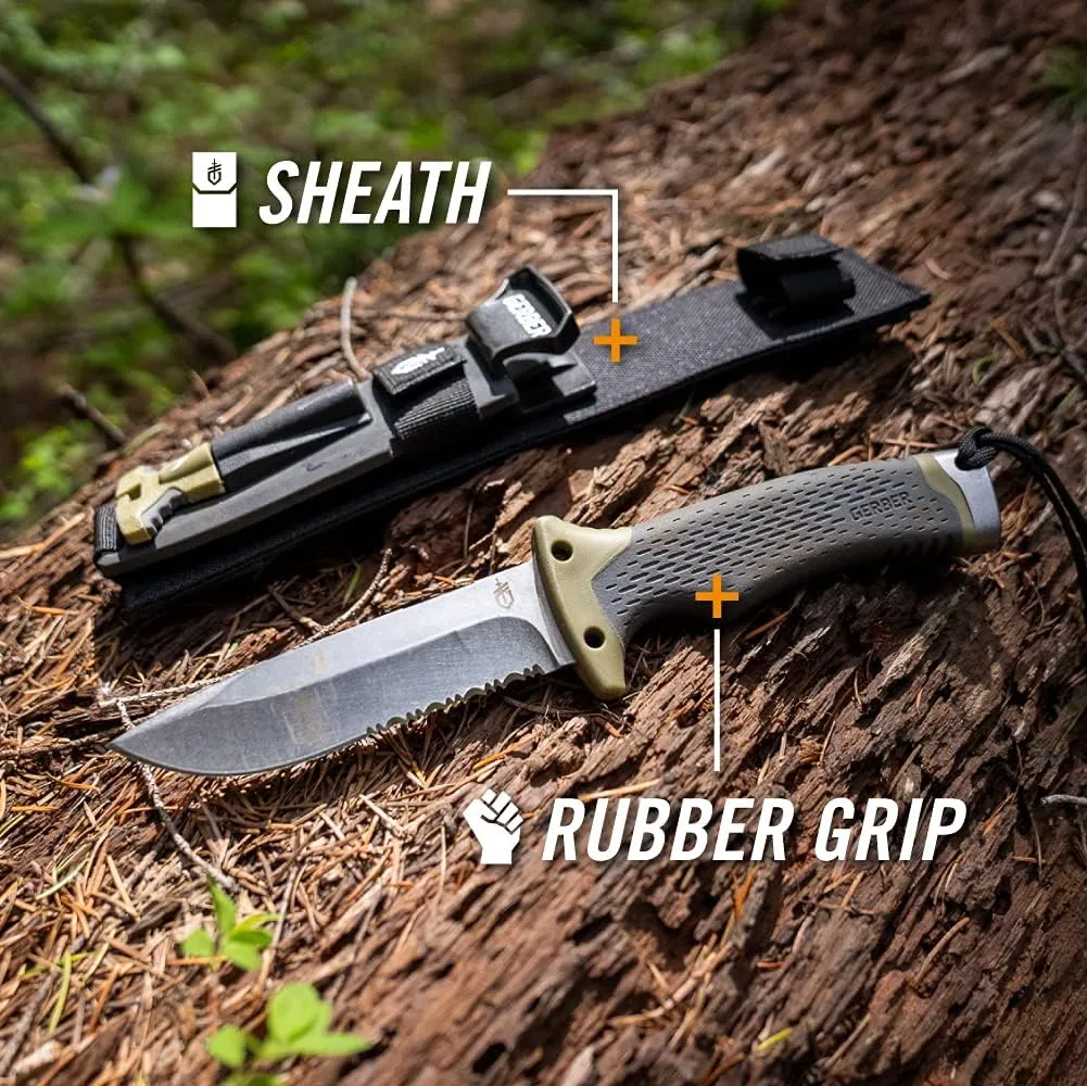 Gerber Gear Ultimate Survival Knife - Fixed Blade Knife with Fire Starter, Sharpener, and Emergency Whistle