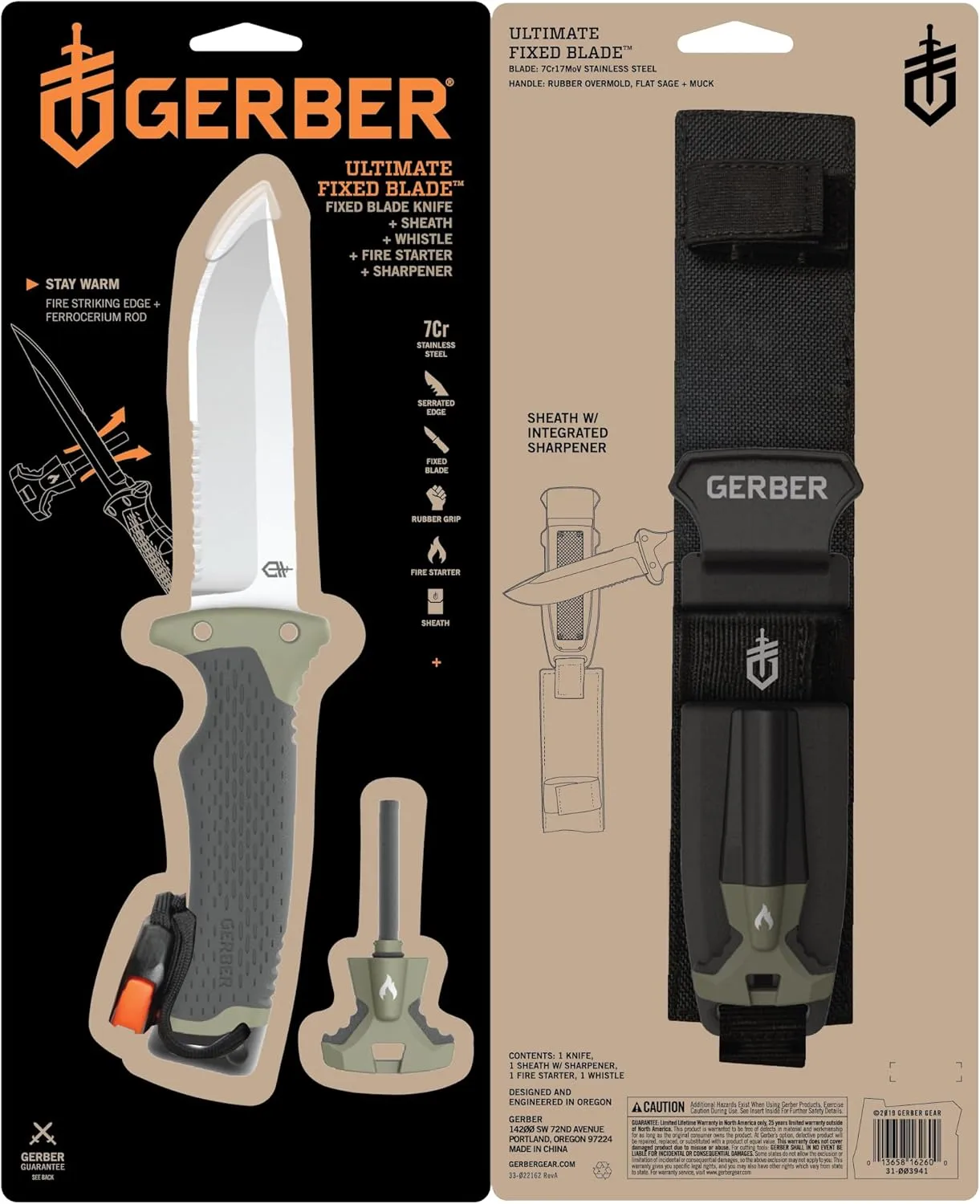 Gerber Gear Ultimate Survival Knife - Fixed Blade Knife with Fire Starter, Sharpener, and Emergency Whistle