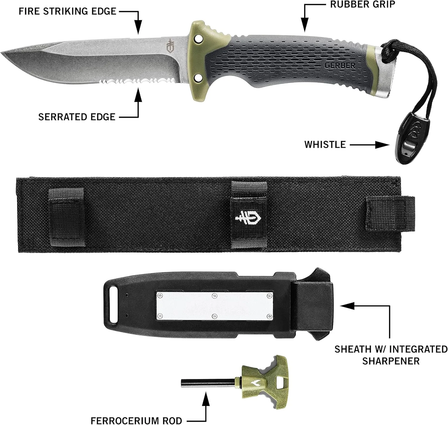 Gerber Gear Ultimate Survival Knife - Fixed Blade Knife with Fire Starter, Sharpener, and Emergency Whistle