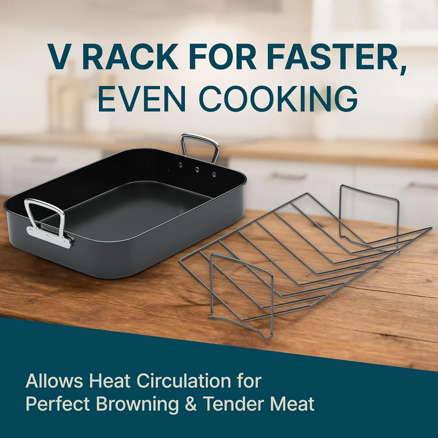Gibson Home French Roaster 2 Piece Carbon Steel Indoor Oven Baking Roasting Non Stick Turkey Chicken with Roast V Rack, Black
