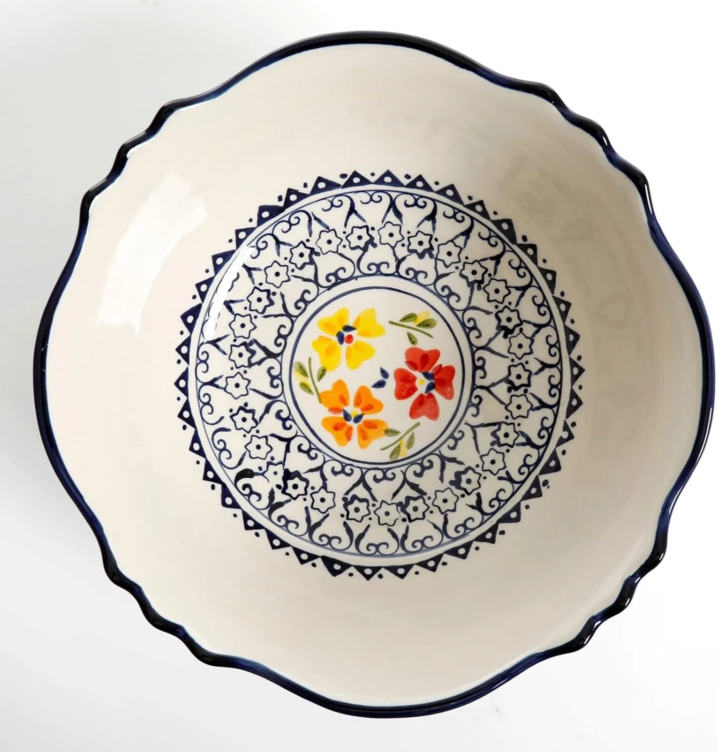 Gibson Home Luxembourg 2 Piece Stoneware Bowl Set, White with Blue Design, 10 and 8 Inch
