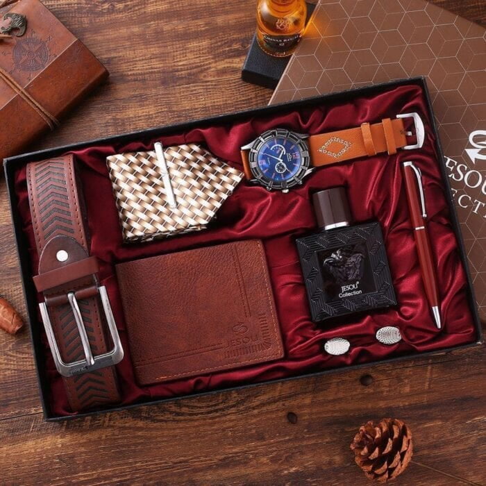 UNIQUE MEN GIFT PACK - (QUALITY LEATHER BELT, WRISTWATCH, TIE WITH ADJUSTER, CUFLINKS, PERFUME, PEN, WALLET)