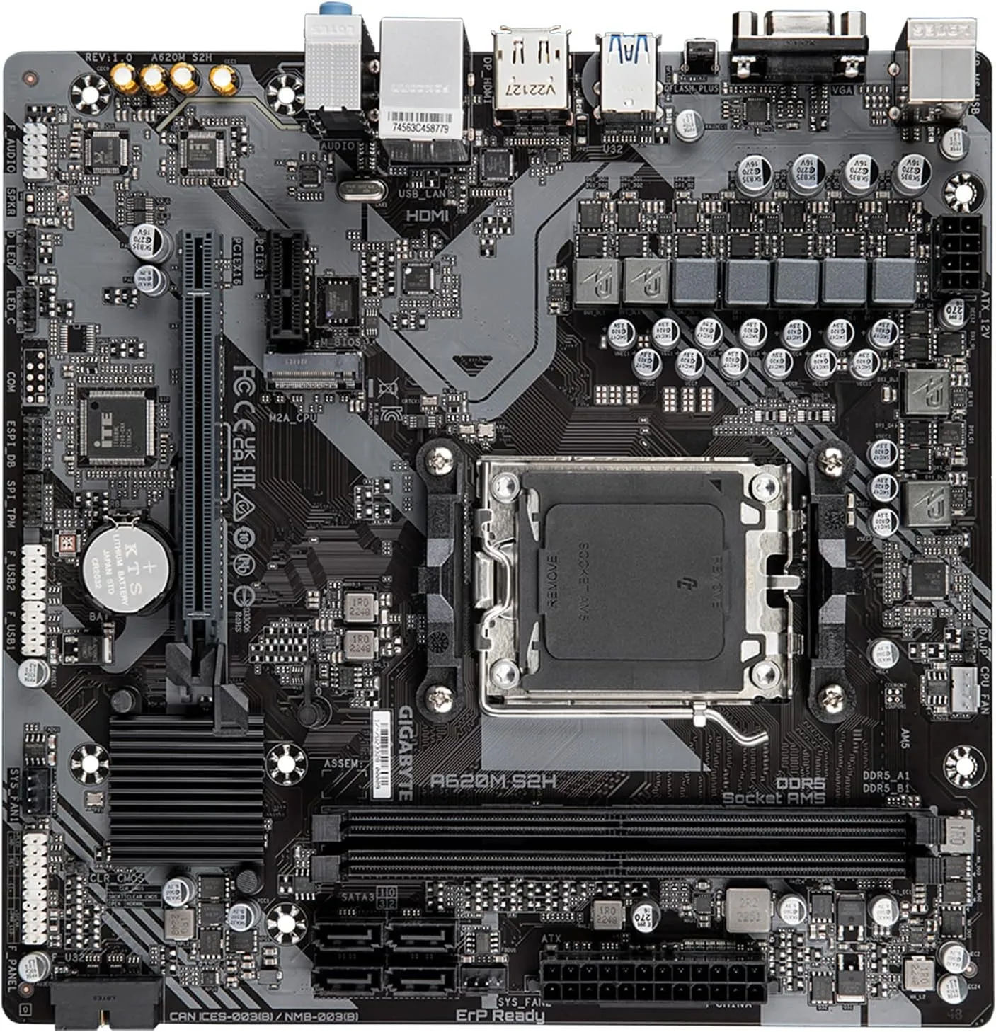 GIGABYTE A620M S2H (AM5/ LGA 1718/ AMD/ A620/ Micro ATX/ 5-Year Warranty/ DDR5/ Single M.2/ PCIe 4.0/ USB 3.2 Gen1/ Realtek 1GbE LAN/Q-Flash Plus/PCIe EZ-Latch/Motherboard)