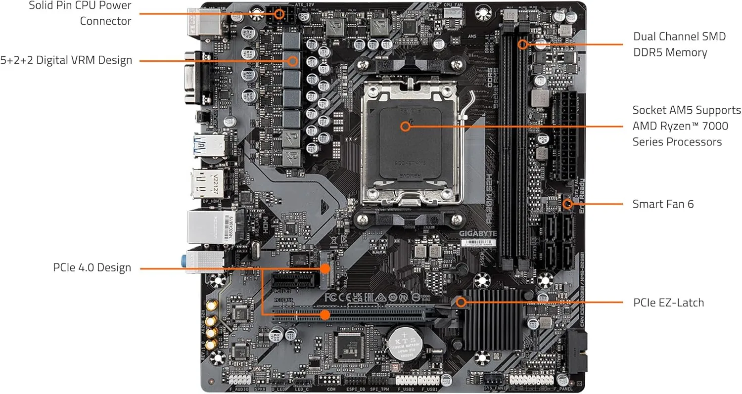 GIGABYTE A620M S2H (AM5/ LGA 1718/ AMD/ A620/ Micro ATX/ 5-Year Warranty/ DDR5/ Single M.2/ PCIe 4.0/ USB 3.2 Gen1/ Realtek 1GbE LAN/Q-Flash Plus/PCIe EZ-Latch/Motherboard)