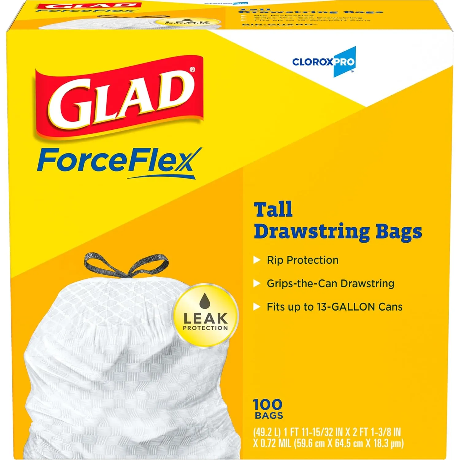 Glad ForceFlex Tall Kitchen Drawstring Trash Bags, 13 Gallon, 100 Count