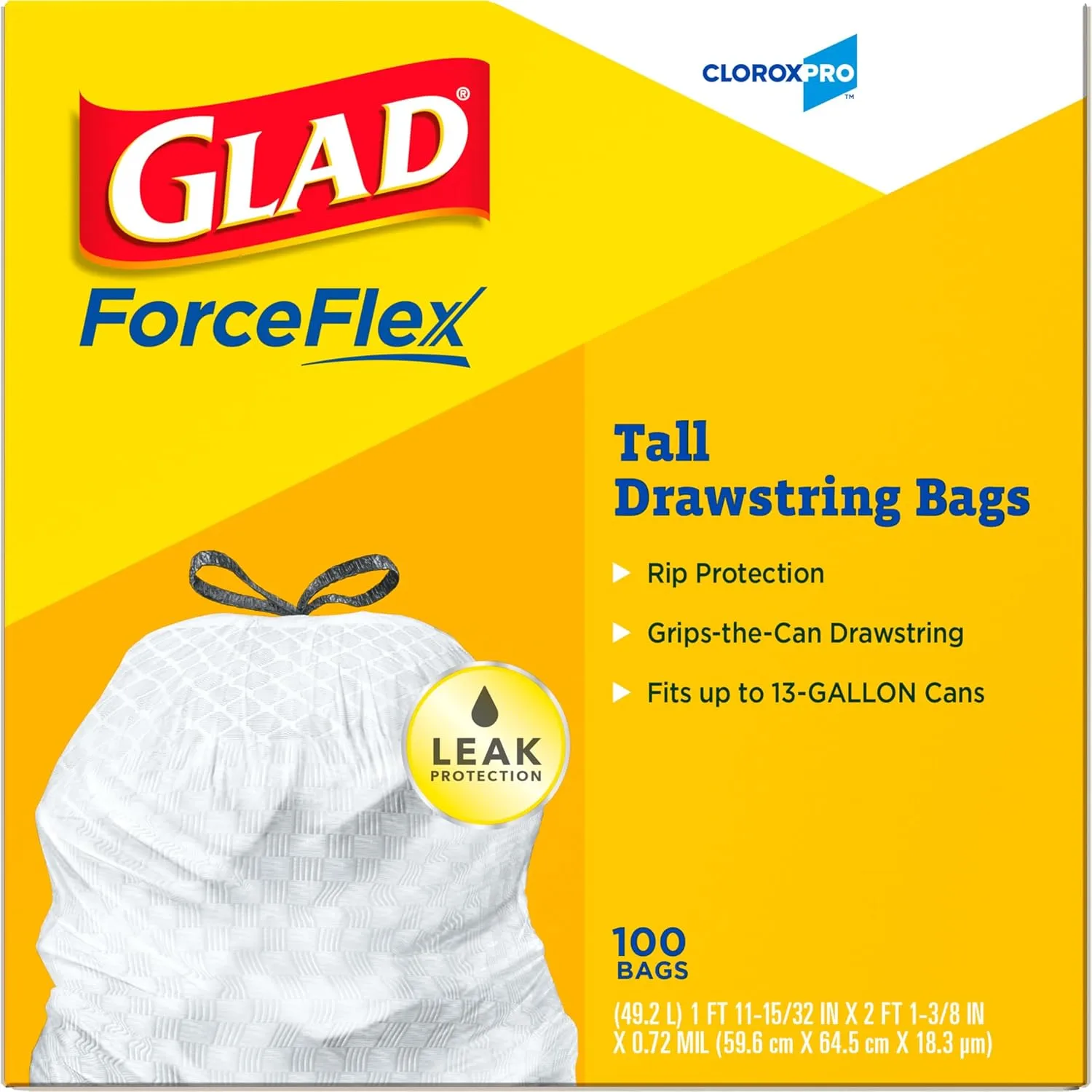 Glad ForceFlex Tall Kitchen Drawstring Trash Bags, 13 Gallon, 100 Count