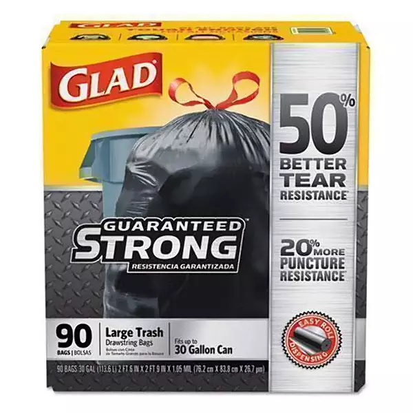 GLAD Drawstring Large Trash Bags, 30 X 33, 30gal, 1.05mil, Black, 90/carton 90 Count (Pack of 1)