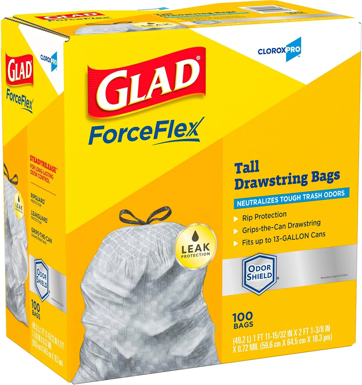 Glad Trash Bags, ForceFlex Tall Kitchen Drawstring Garbage Bags, Clorox 13 Gallon Trash Bags for Tall Trash Can