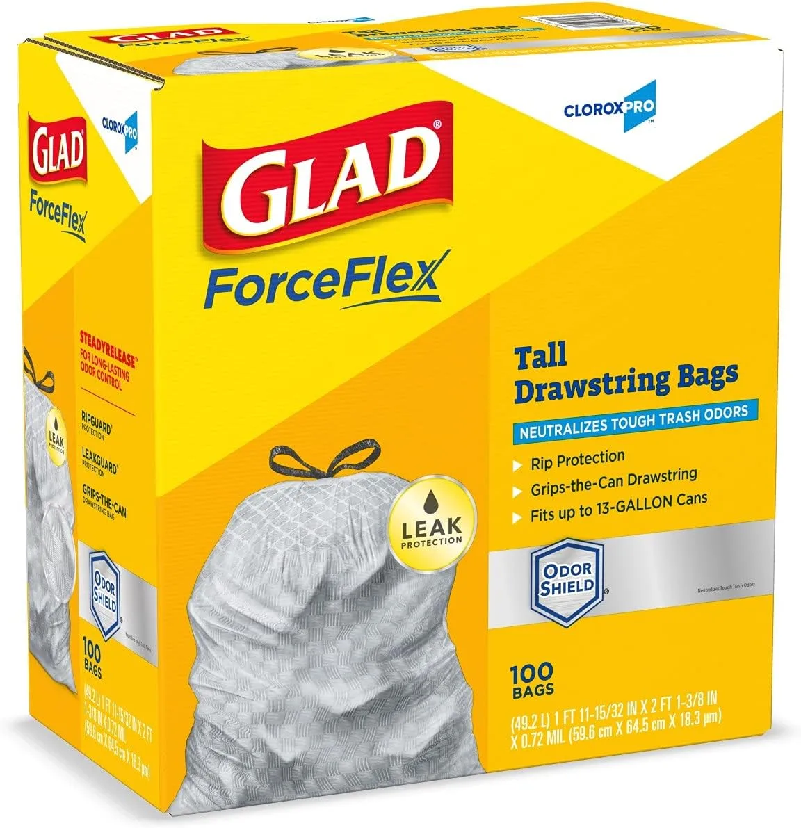 Glad Trash Bags, ForceFlex Tall Kitchen Drawstring Garbage Bags, Clorox 13 Gallon Trash Bags for Tall Trash Can