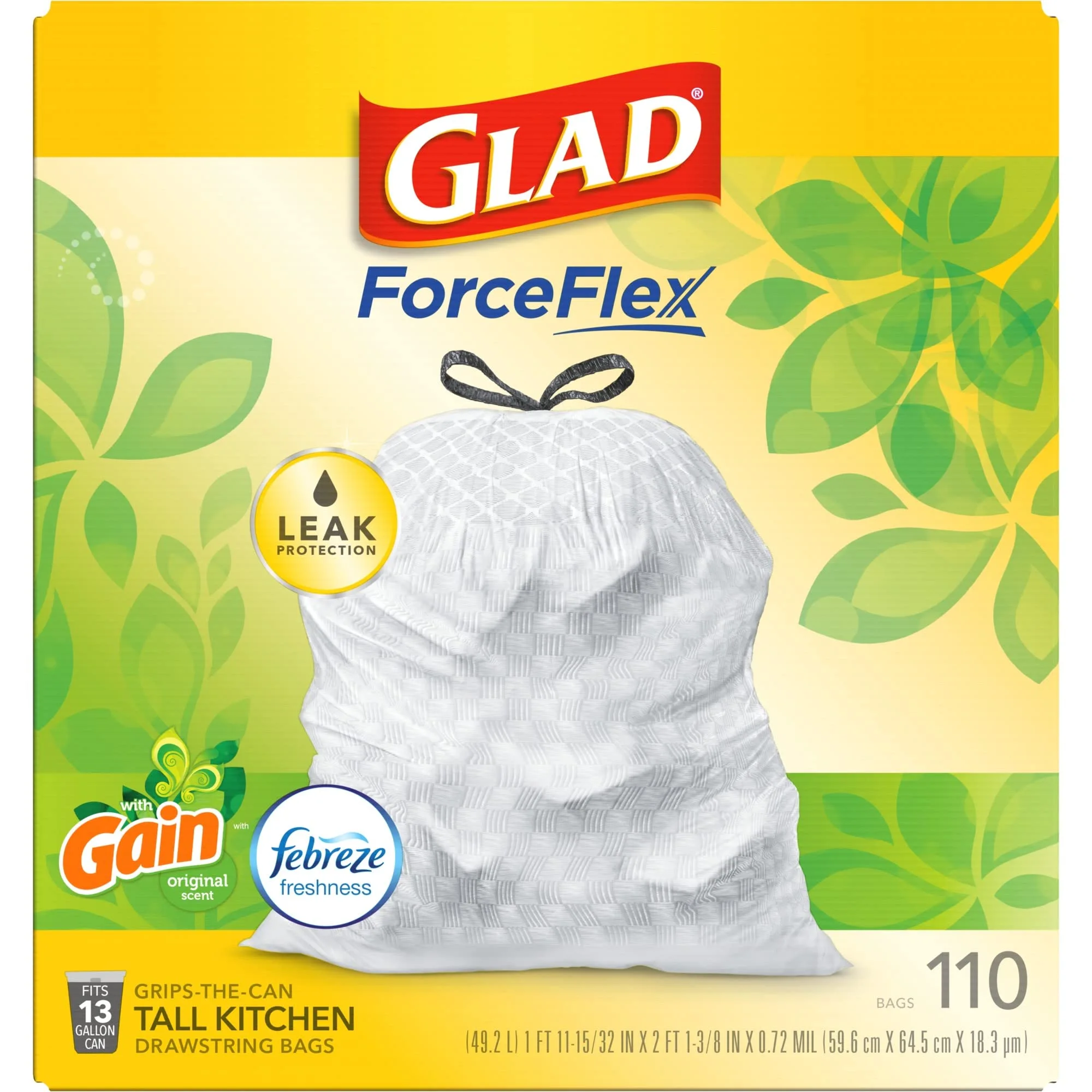 Glad® ForceFlex Tall Kitchen Drawstring Trash Bags - 13 Gallon White Trash Bag, Gain Original scent with Febreze Freshness - 110 Count