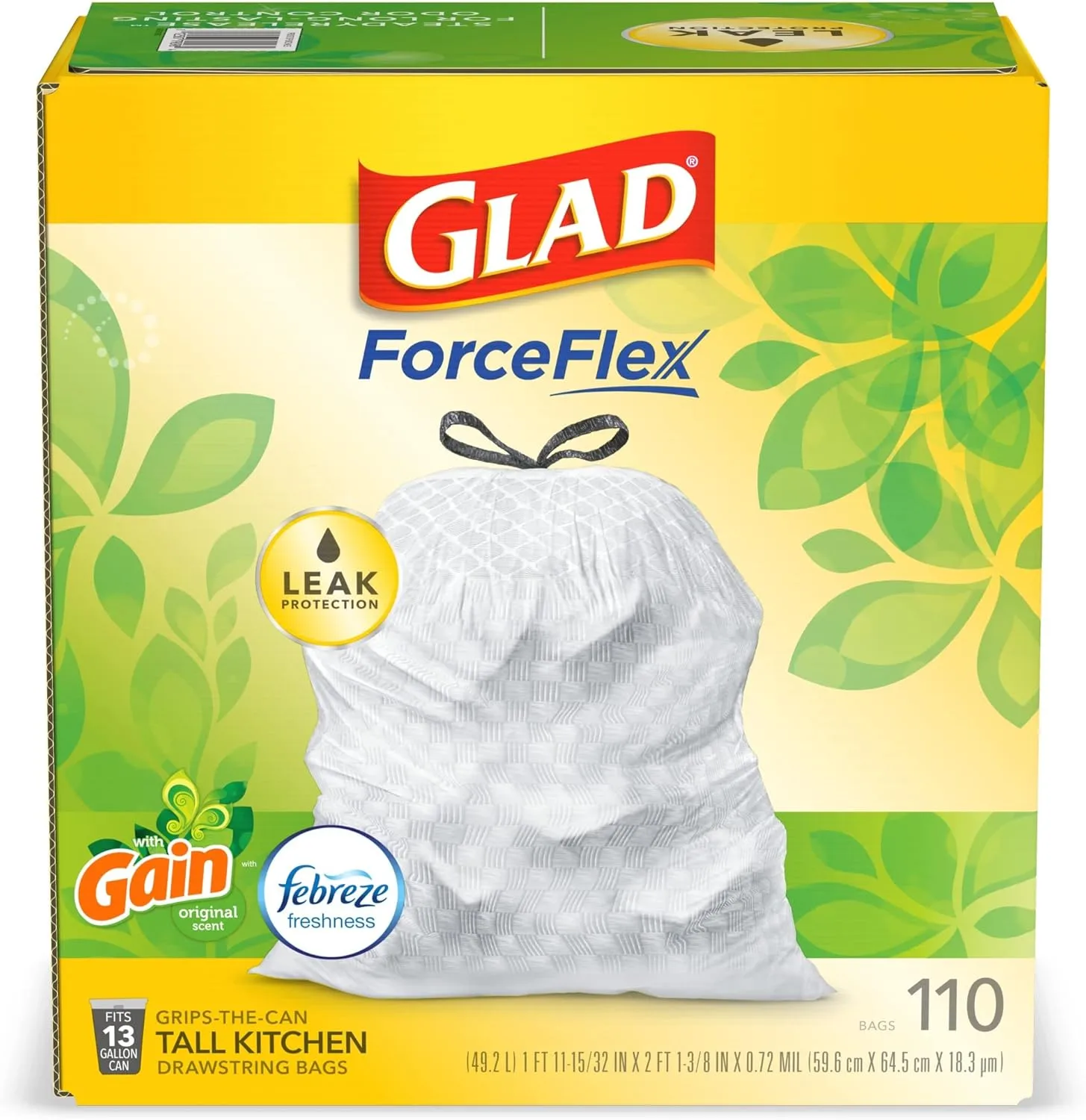 Glad® ForceFlex Tall Kitchen Drawstring Trash Bags - 13 Gallon White Trash Bag, Gain Original scent with Febreze Freshness - 110 Count