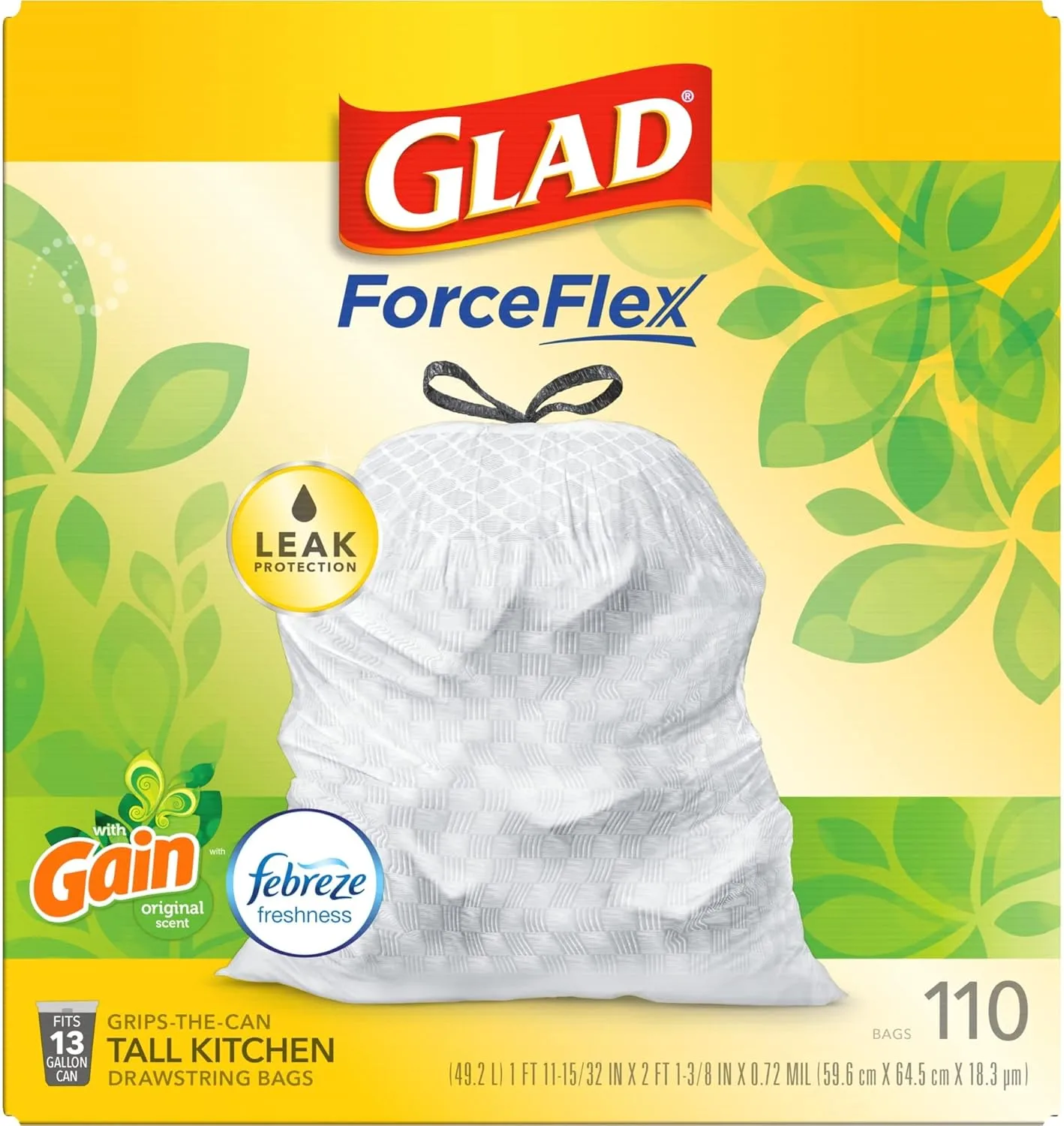 Glad® ForceFlex Tall Kitchen Drawstring Trash Bags - 13 Gallon White Trash Bag, Gain Original scent with Febreze Freshness - 110 Count