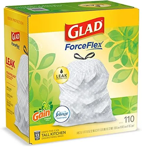 Glad® ForceFlex Tall Kitchen Drawstring Trash Bags - 13 Gallon White Trash Bag, Gain Original scent with Febreze Freshness - 110 Count