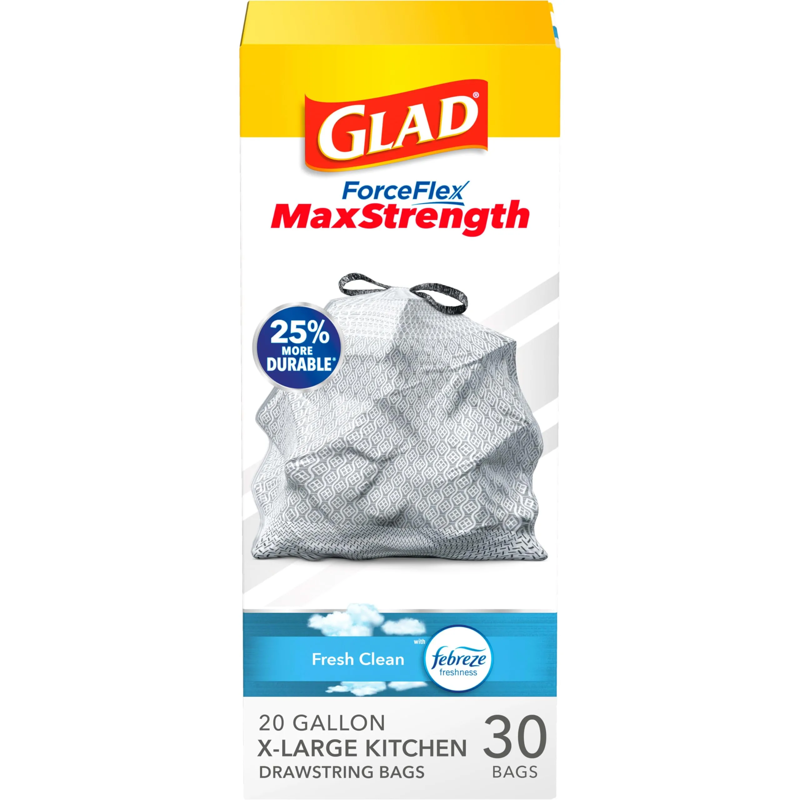 Glad ForceFlex MaxStrength X-Large Kitchen Drawstring Trash Bags, 20 Gallon, Fresh Clean Scent with Febreze, 30 Count
