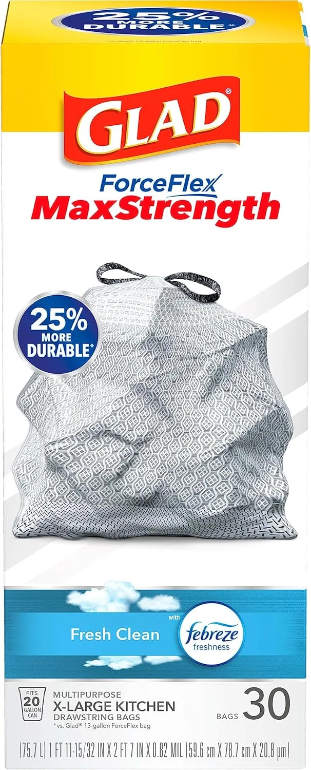 Glad ForceFlex MaxStrength X-Large Kitchen Drawstring Trash Bags, 20 Gallon, Fresh Clean Scent with Febreze, 30 Count