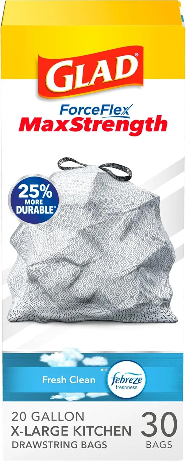 Glad ForceFlex MaxStrength X-Large Kitchen Drawstring Trash Bags, 20 Gallon, Fresh Clean Scent with Febreze, 30 Count