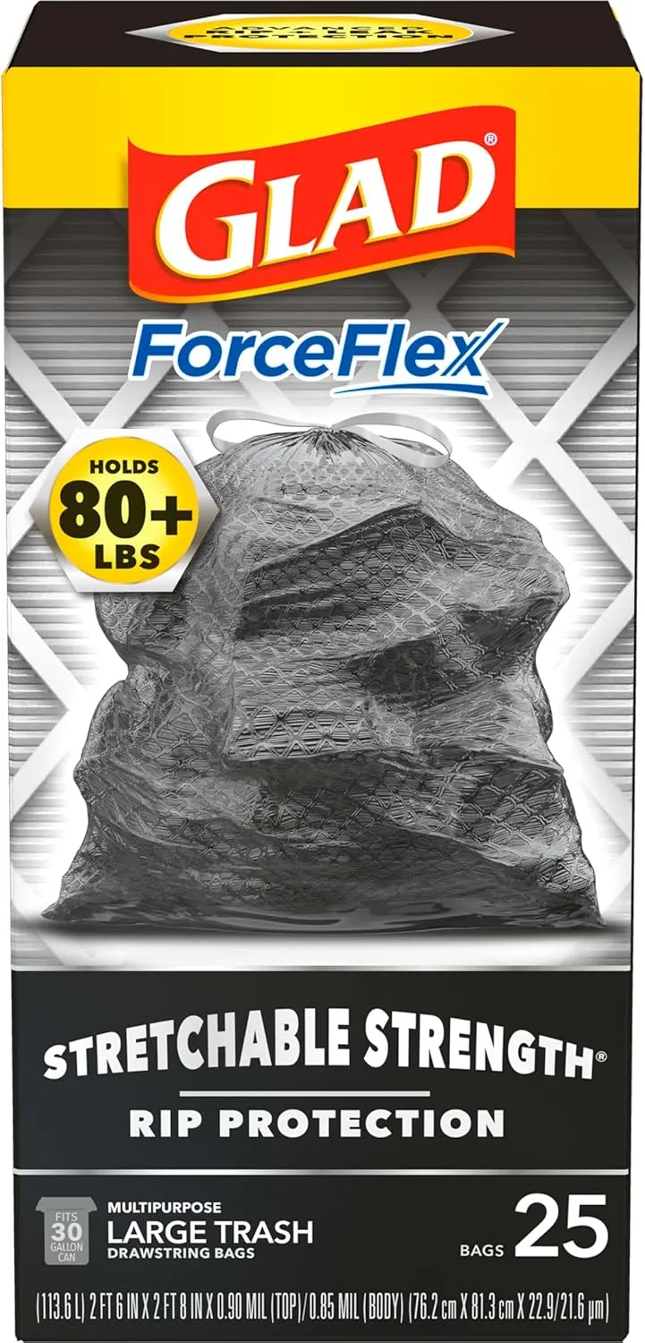 Glad Trash Bags, ForceFlexPlus Black Large Drawstring Garbage Bags, 30 Gal, 25 Ct (Package May Vary) 25 Count (Pack of 1)