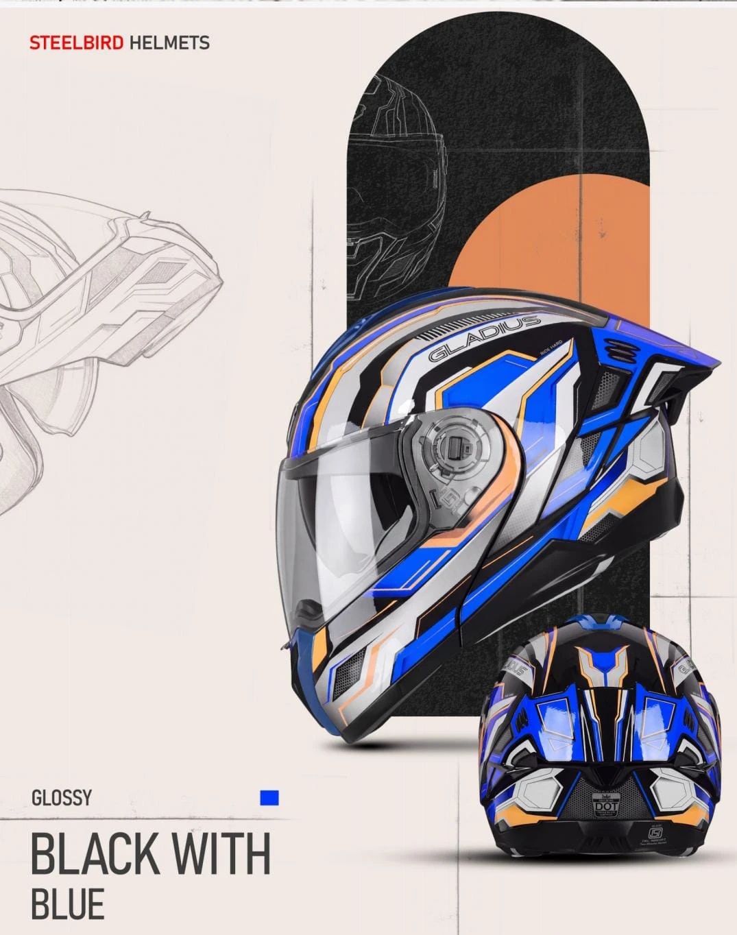 STEELBIRD SBH-98 ISS GLADIUS GL-1 GLOSSY BLACK/BLUE C/V 580MM WITH EXTRA SMOKE VISOR
