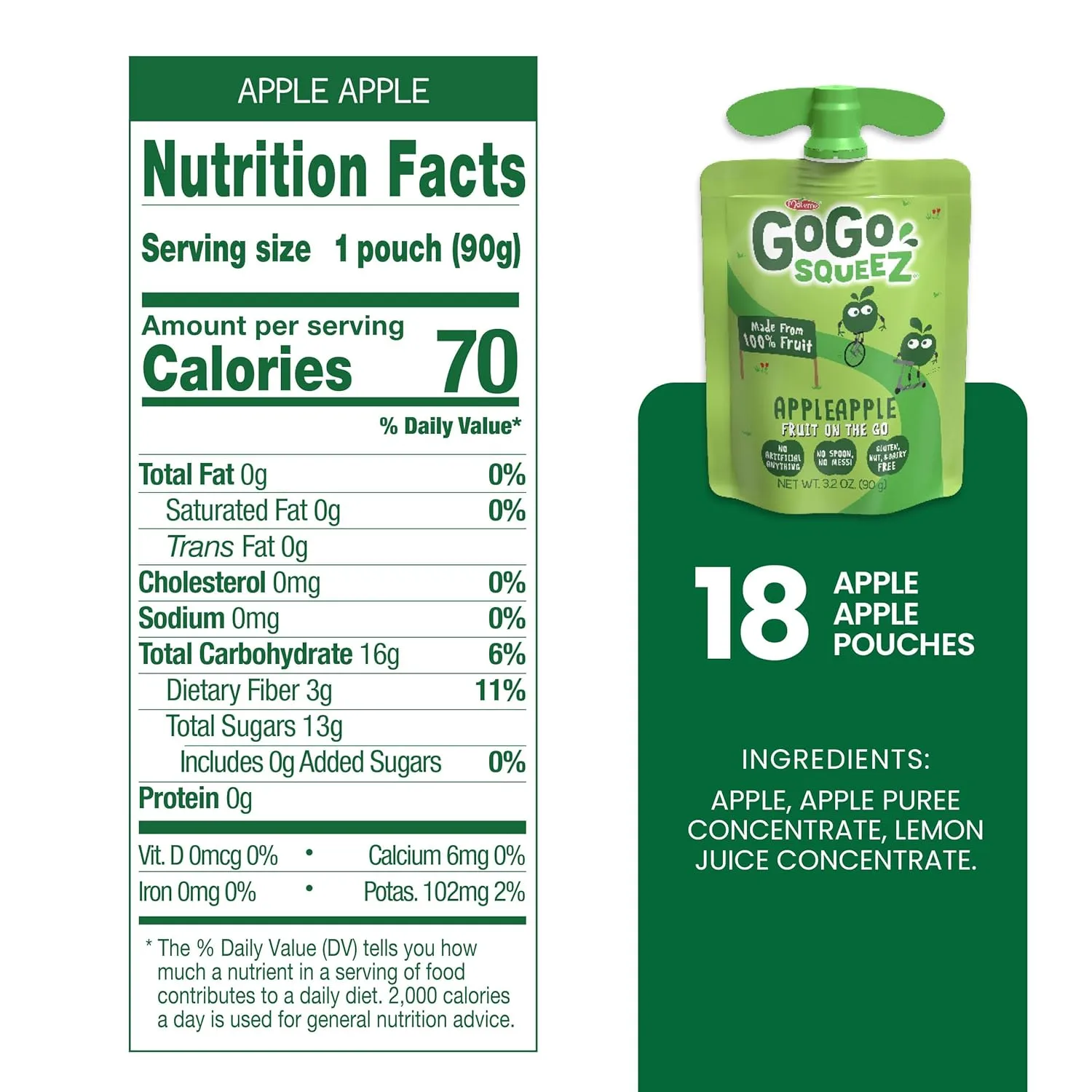 GoGo squeeZ Applesauce and Fruit Puree, Apple Apple, 3.2 oz (Pack of 18), Unsweetened Fruit Snacks for Kids, Gluten Free