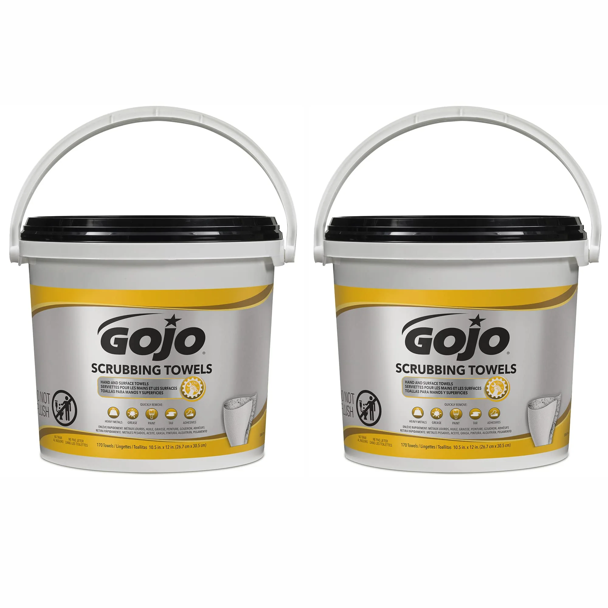 GOJO Scrubbing Towels, Fresh Citrus Scent, 170 Count Extra Large Dual Textured Wet Towels Bucket (Pack of 2) – 6398-02