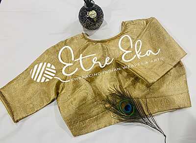 Saree Blouse.Golden Banarasi Brocade Blouse with Piping and Bead Work Lace on High Round Neck