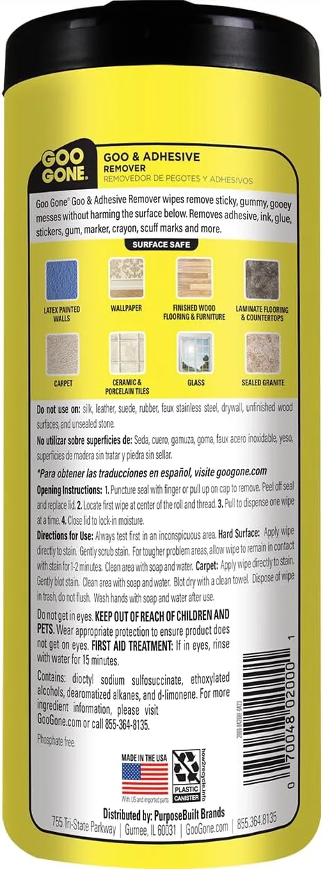 Goo Gone Clean Up Wipes Adhesive Remover - 24 Count - Removes Adhesive Residue Labels Stickers Crayon Tree Sap Gum Masking