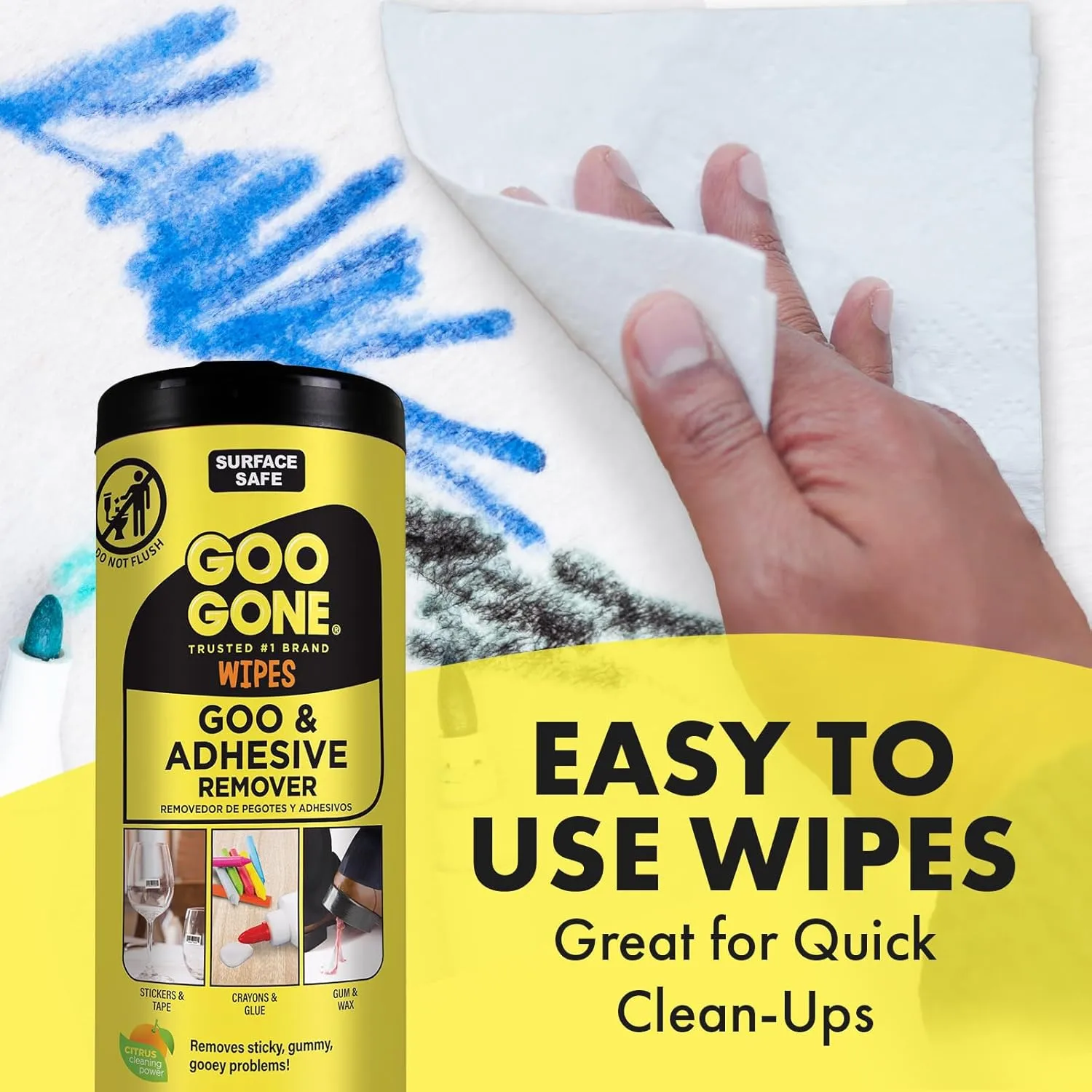 Goo Gone Clean Up Wipes Adhesive Remover - 24 Count - Removes Adhesive Residue Labels Stickers Crayon Tree Sap Gum Masking