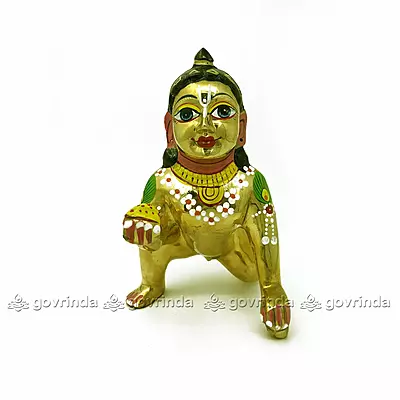 Laddu Gopal with Makeup | Brass Golden Color | Thakur Ji, Kahna, Krishna Murti Idol (Weight: 1750 Gram)