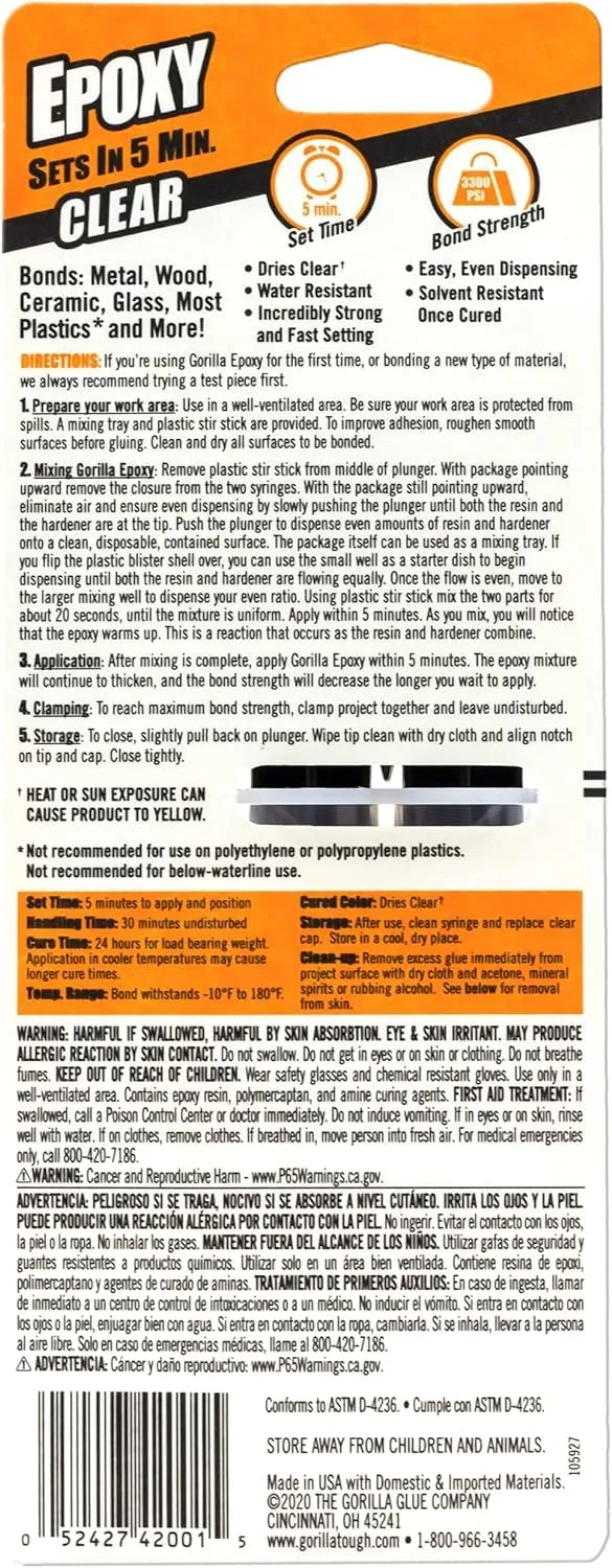 Gorilla 2-Part Clear Epoxy Syringe, 0.85 oz - 5 Minute Set