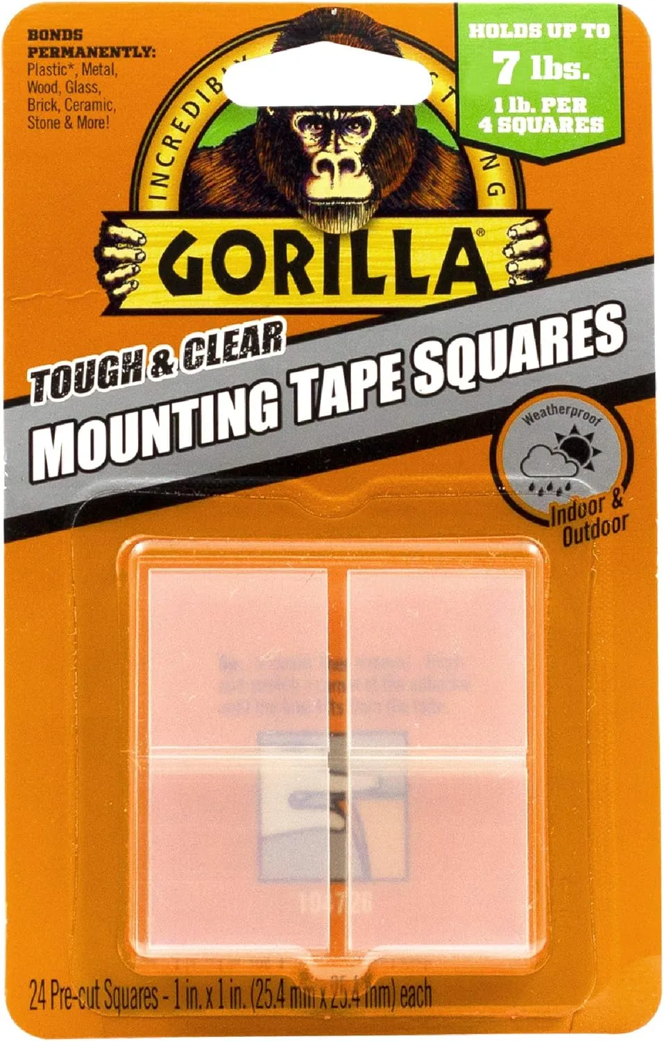Gorilla Tough & Clear Double Sided Tape Squares, Clear, 24 1" Pre-Cut Mounting Squares (Pack of 1)
