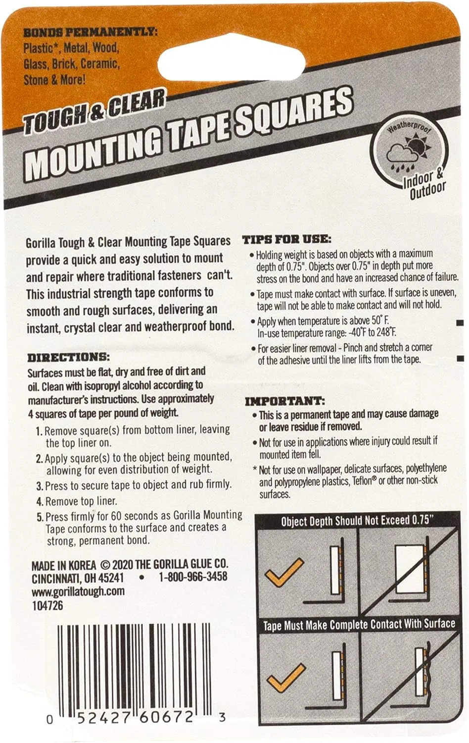 Gorilla Tough & Clear Double Sided Tape Squares, Clear, 24 1" Pre-Cut Mounting Squares (Pack of 1)