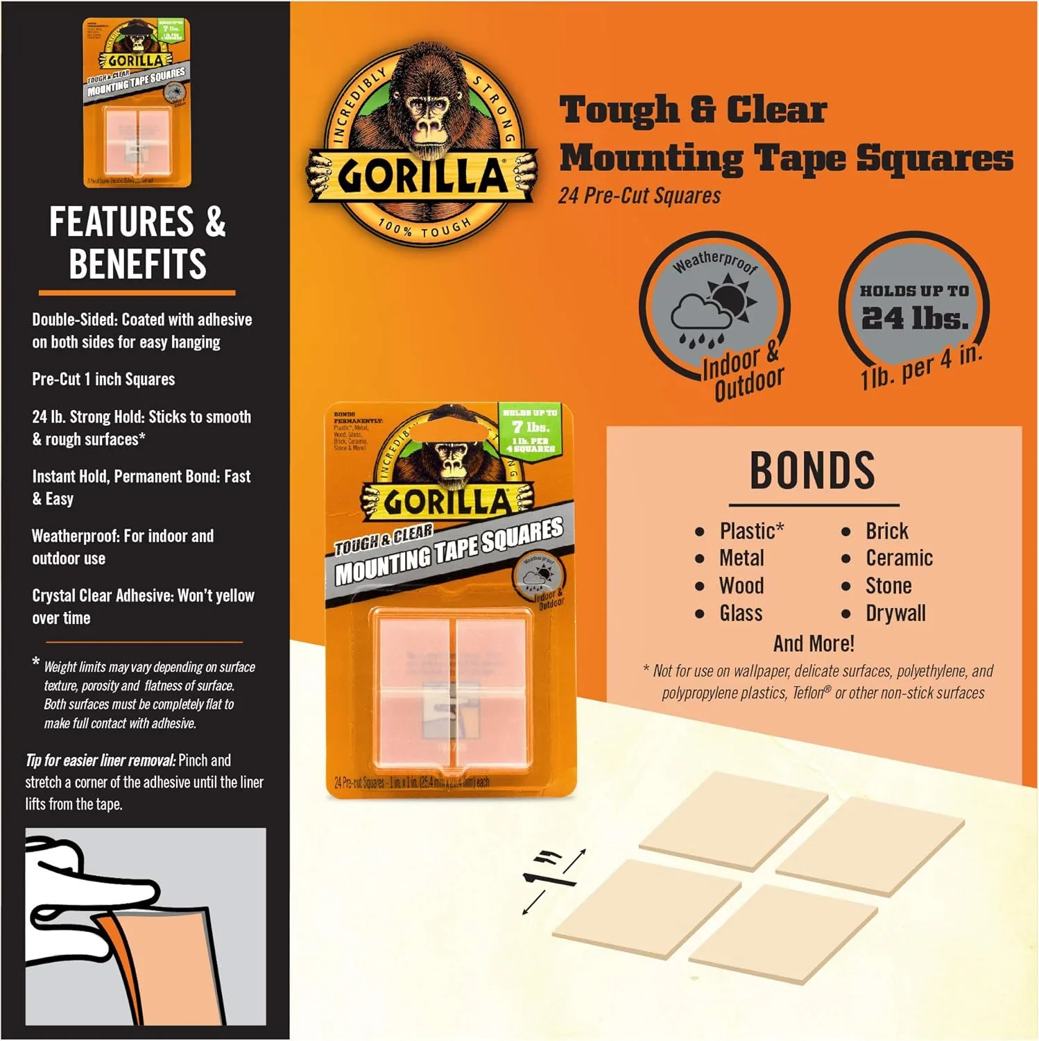 Gorilla Tough & Clear Double Sided Tape Squares, Clear, 24 1" Pre-Cut Mounting Squares (Pack of 1)