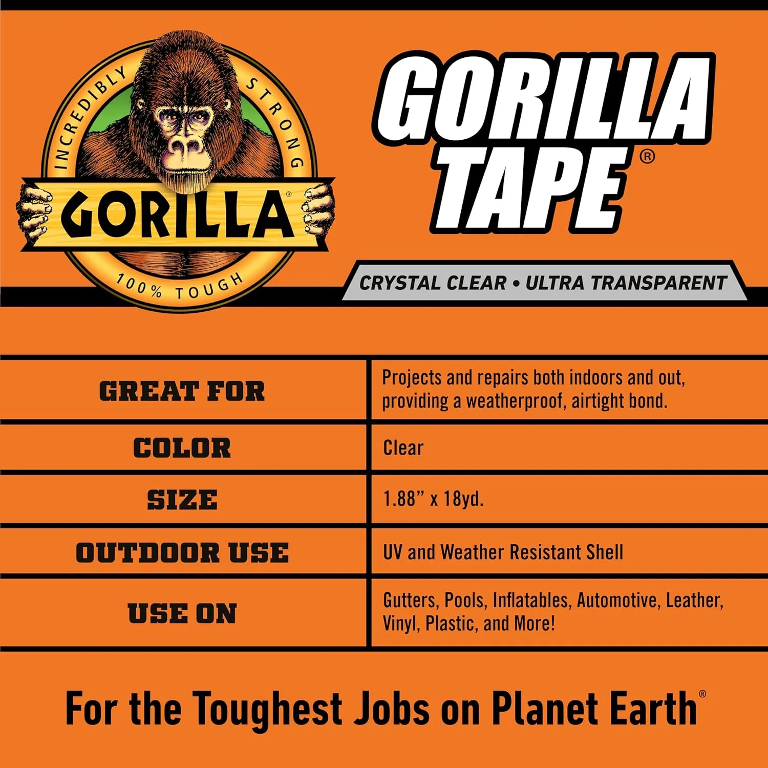 Gorilla Crystal Clear Tape, 1.88” x 18 yd (Pack of 1) - Weather Resistant for Indoor or Outdoor Projects and Repairs
