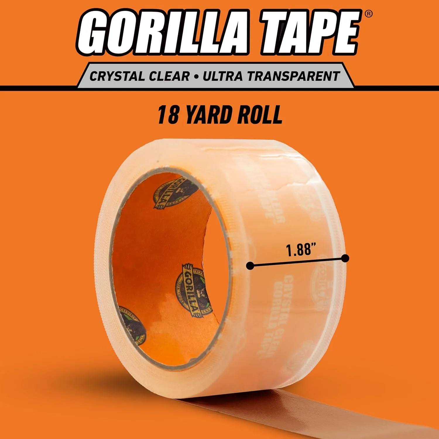 Gorilla Crystal Clear Tape, 1.88” x 18 yd (Pack of 1) - Weather Resistant for Indoor or Outdoor Projects and Repairs