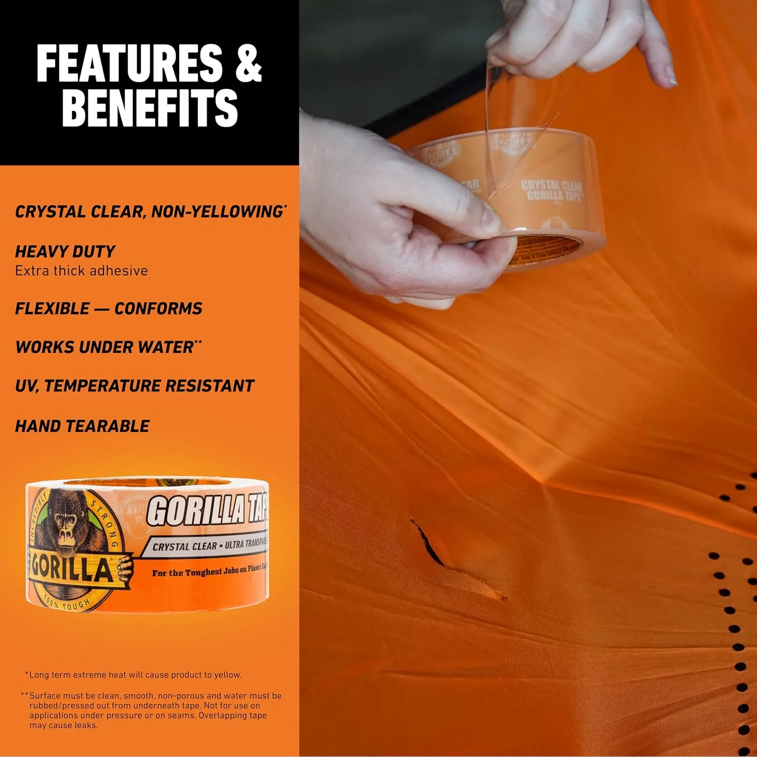 Gorilla Crystal Clear Tape, 1.88” x 18 yd (Pack of 1) - Weather Resistant for Indoor or Outdoor Projects and Repairs