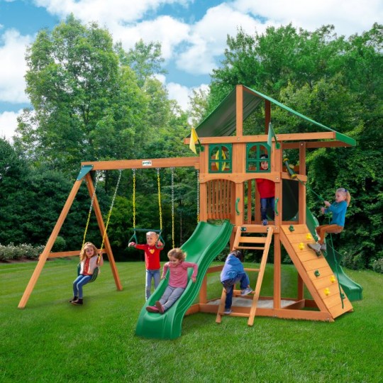 Outing w/ Tube Slide w/ Deluxe Green Vinyl Canopy and Treehouse Add-On