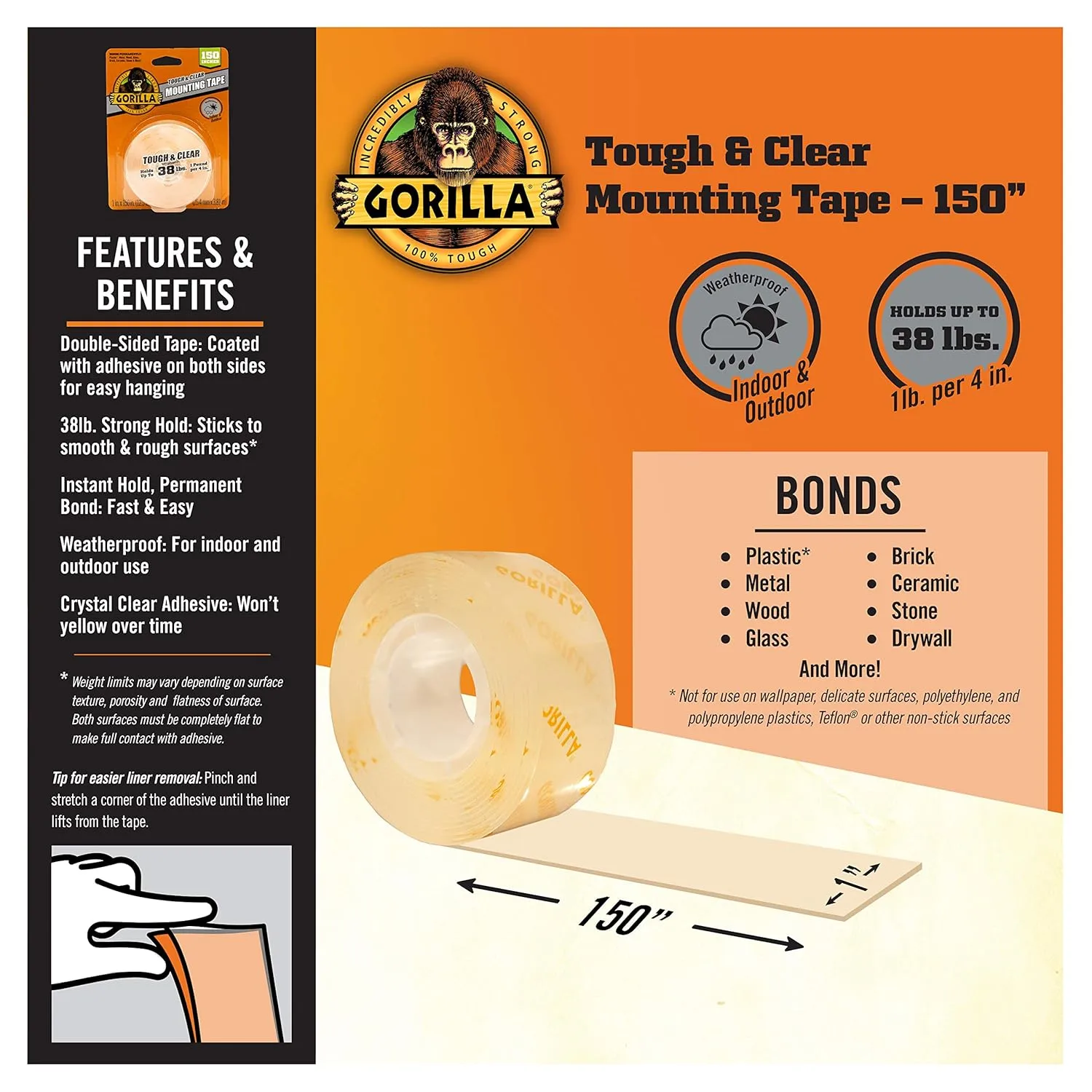 Gorilla Tough & Clear Double Sided Mounting Tape, Clear Tape, 1" x 150" (Pack of 1) - Weatherproof for Indoor or Outdoor 1 - Pack