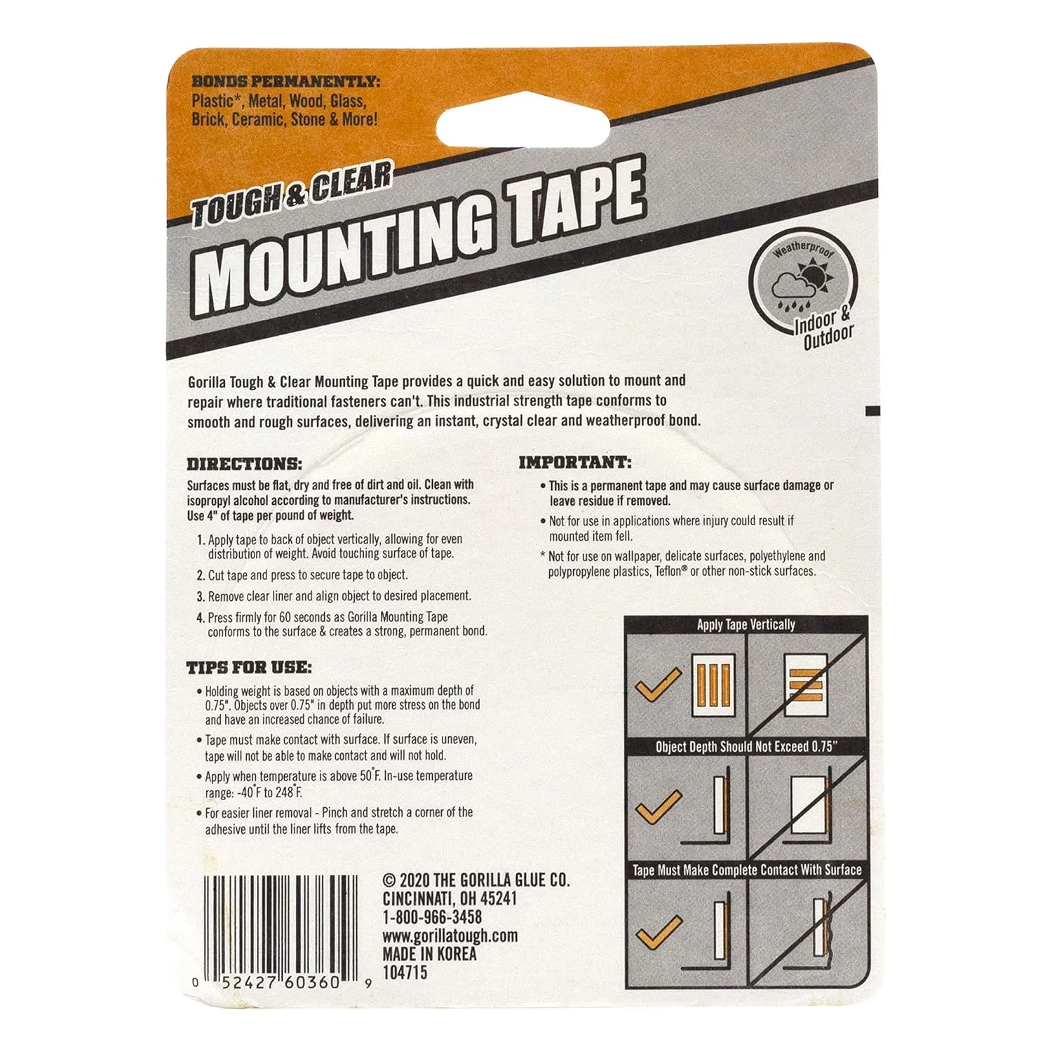 Gorilla Tough & Clear Double Sided Mounting Tape, Clear Tape, 1" x 150" (Pack of 1) - Weatherproof for Indoor or Outdoor 1 - Pack