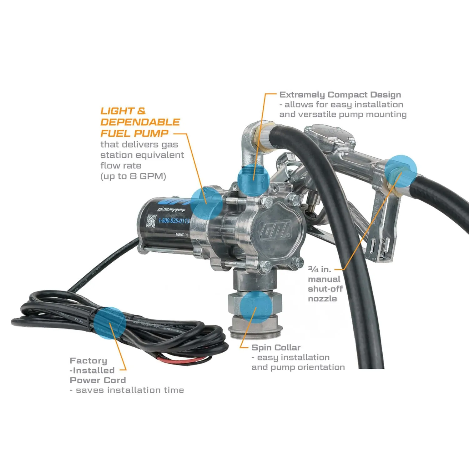 GPI - EZ-8 Fuel Transfer Pump, Manual Shut-Off Nozzle, 8 GPM, 12 Volt