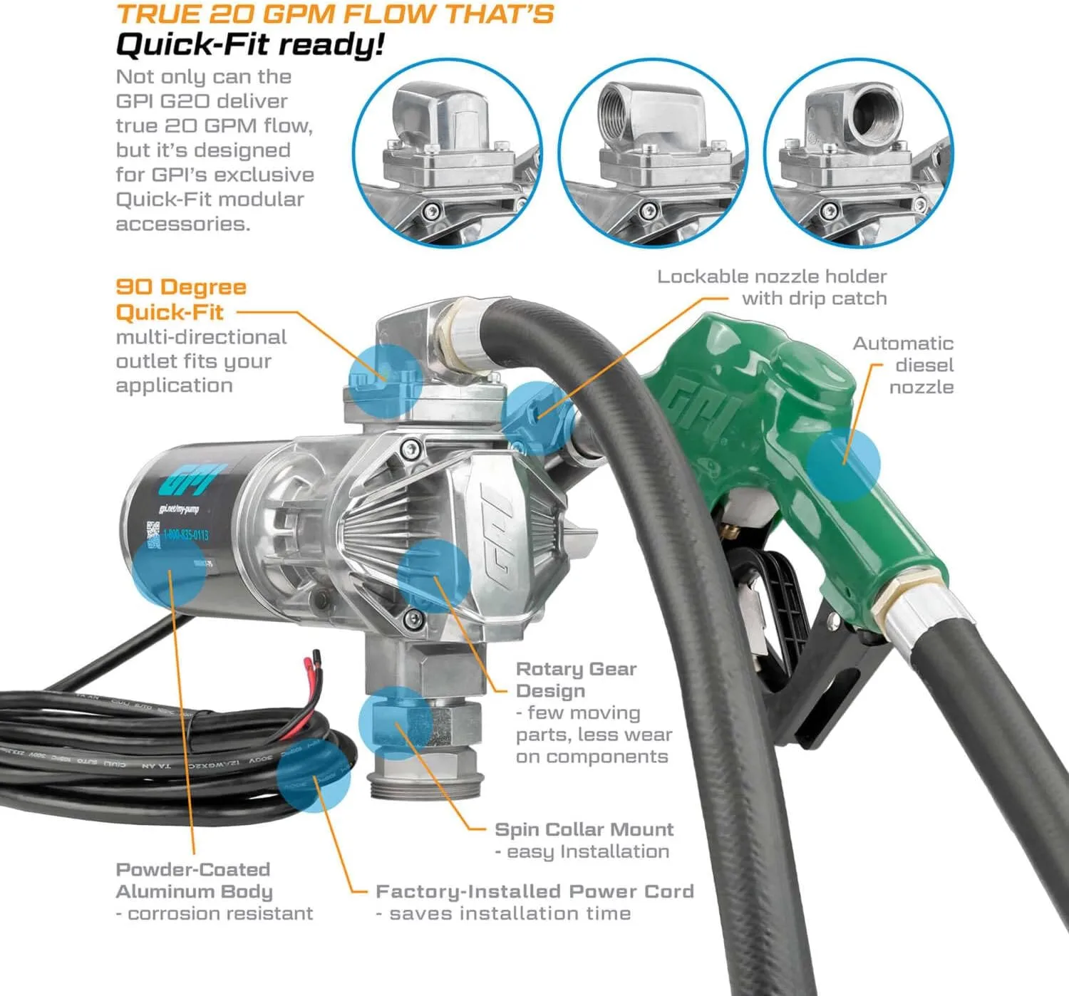 GPI - G20 Fuel Transfer Pump with Automatic Shut-off Nozzle, 20 GPM, 12 Volt (162000-03) Automatic Nozzle
